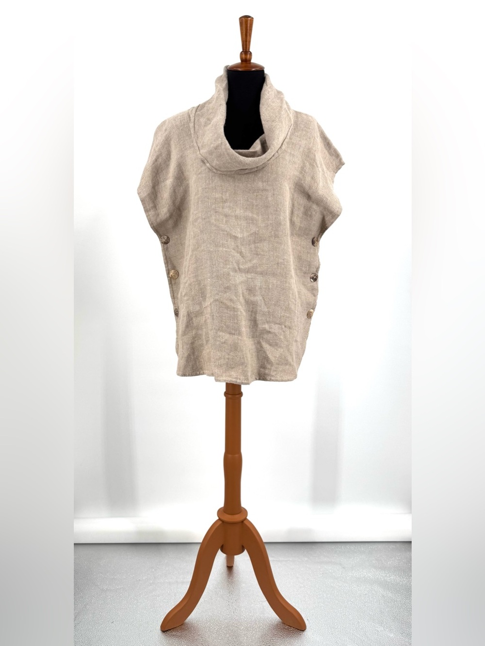 Patricia J Beige Linen Cowl Neck Top with Side Buttons OS
